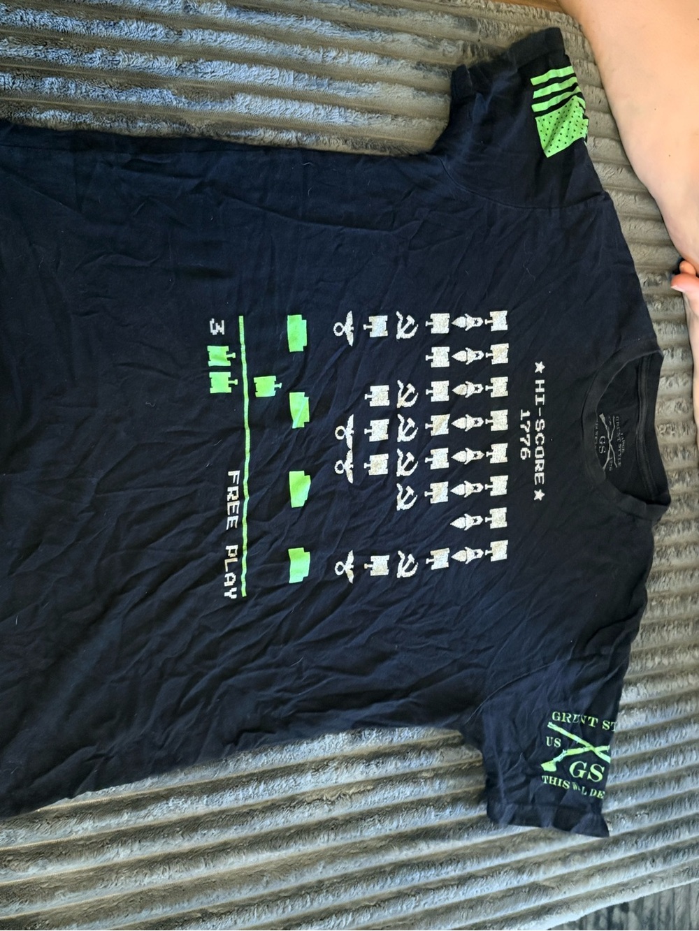 Grunt Style Navy Short-Sleeve Tee with Neon Green Arcade Graphic